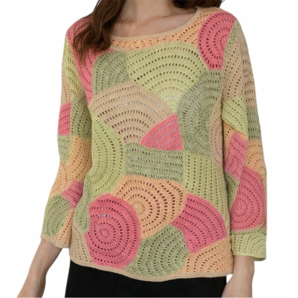 Talbots Crochet Sweater Spring Doily Patchwork Sherbet Multicolor Artsy Sz S
